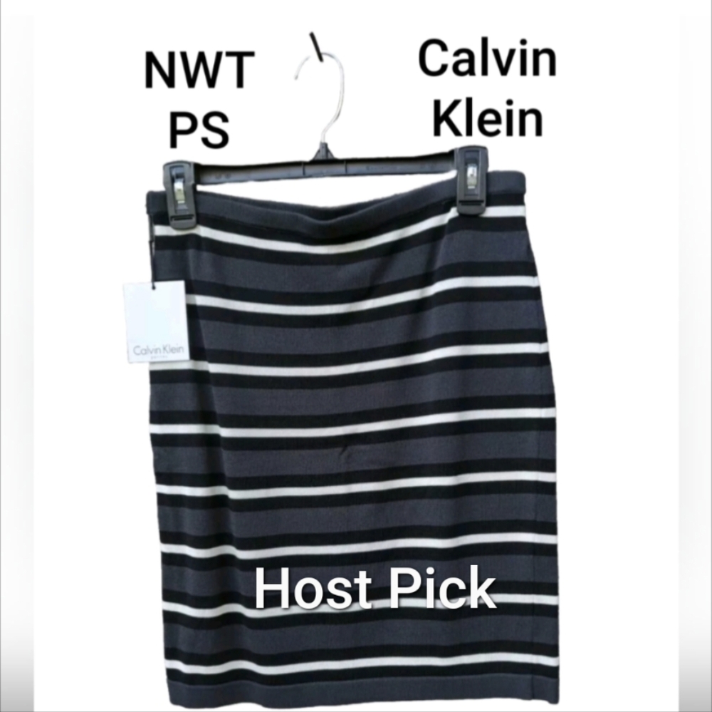 Calvin Klein Pull On Pencil Skirt Black & Cream Women’s Stretchy Knit Petite NWT